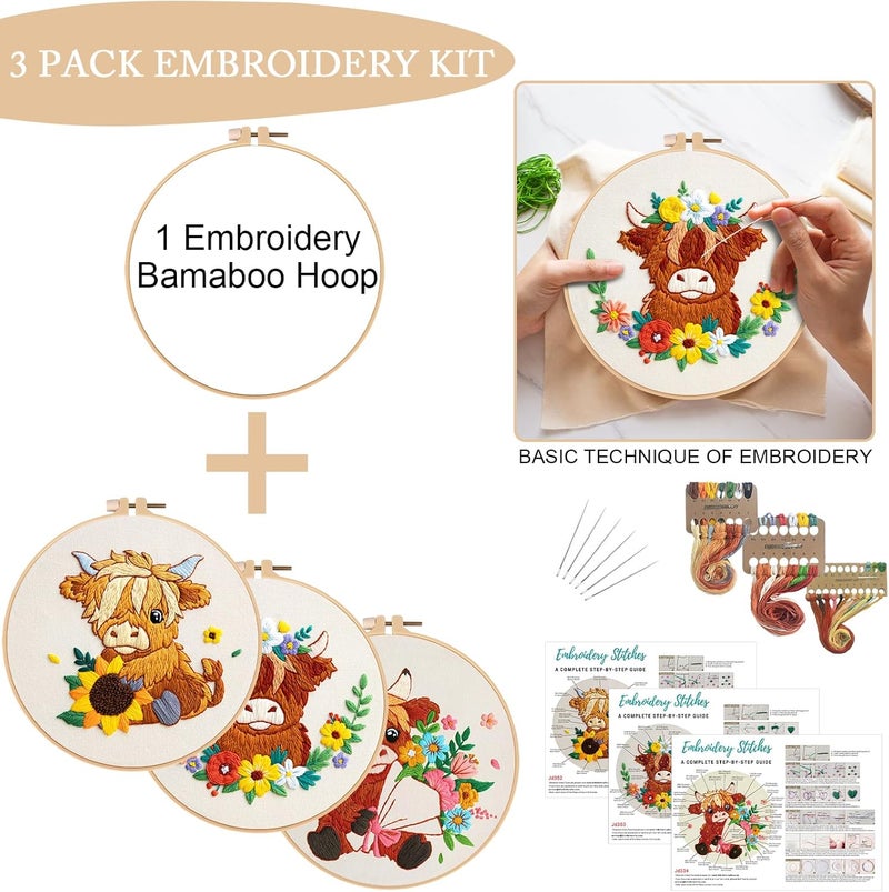 Nuberlic Highland Cow Embroidery Kit 3 Pack Embroidery Kits for Adults Beginners Starter Cross Stitch Kit Set with Floral Designs - Perfect DIY Gift - Image 4